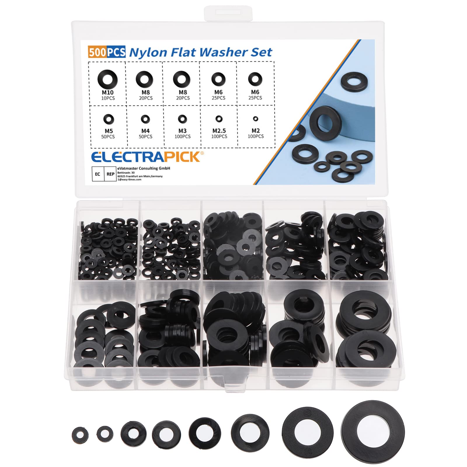Dirt Racing 500pcs Nylon Flat Washers Assortment Kit 8 Sizes M2 M2.5 M3 M4 M5 M6 M8 M10