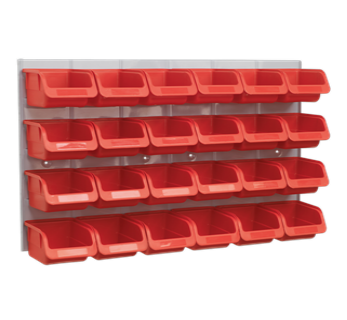 SEALEY WORKSHOP STORAGE BINS 24 PACK WITH STEEL LOUVER PANEL RACK 630mm X 380mm TPS130