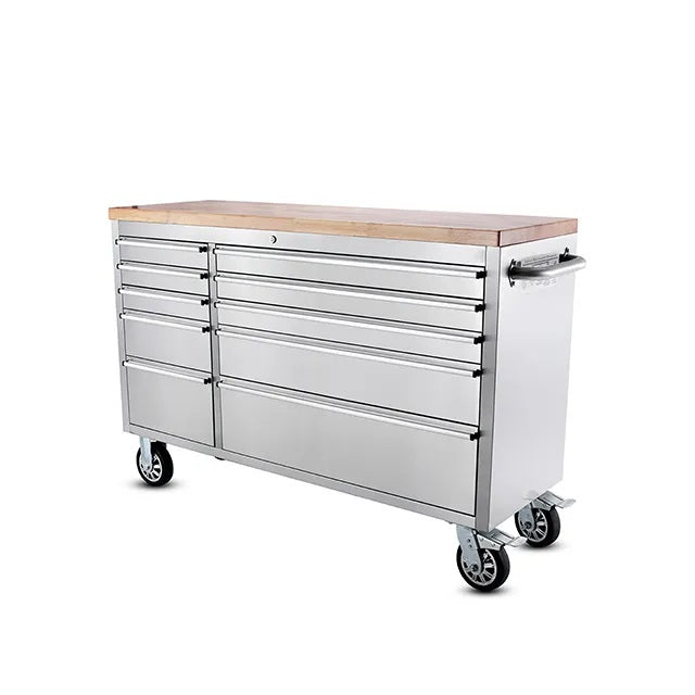 FIR 55 Stainless Steel Tool Chest Box 10 Drawers Solid Wooden Top