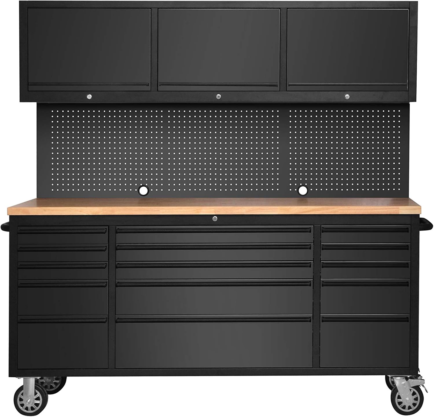 FIR 72 Matte Black Steel 15 Drawer Tool Chest with Solid Wooden Top, 3 Upper Cabinets and Peg Board