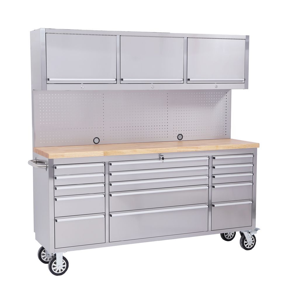 FIR 72" Stainless Steel 15 Drawer Tool Chest with Solid Wooden Top, 3 Upper Cabinets and Peg Board
