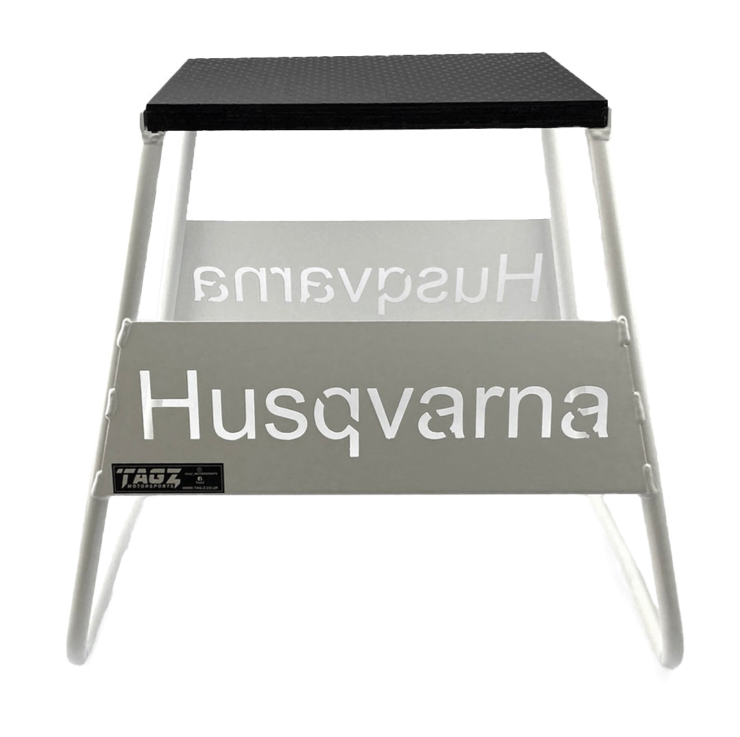 Tag-z Stand 440 White Husqvarna Logo, MX Logo Stand, Show Room Stand