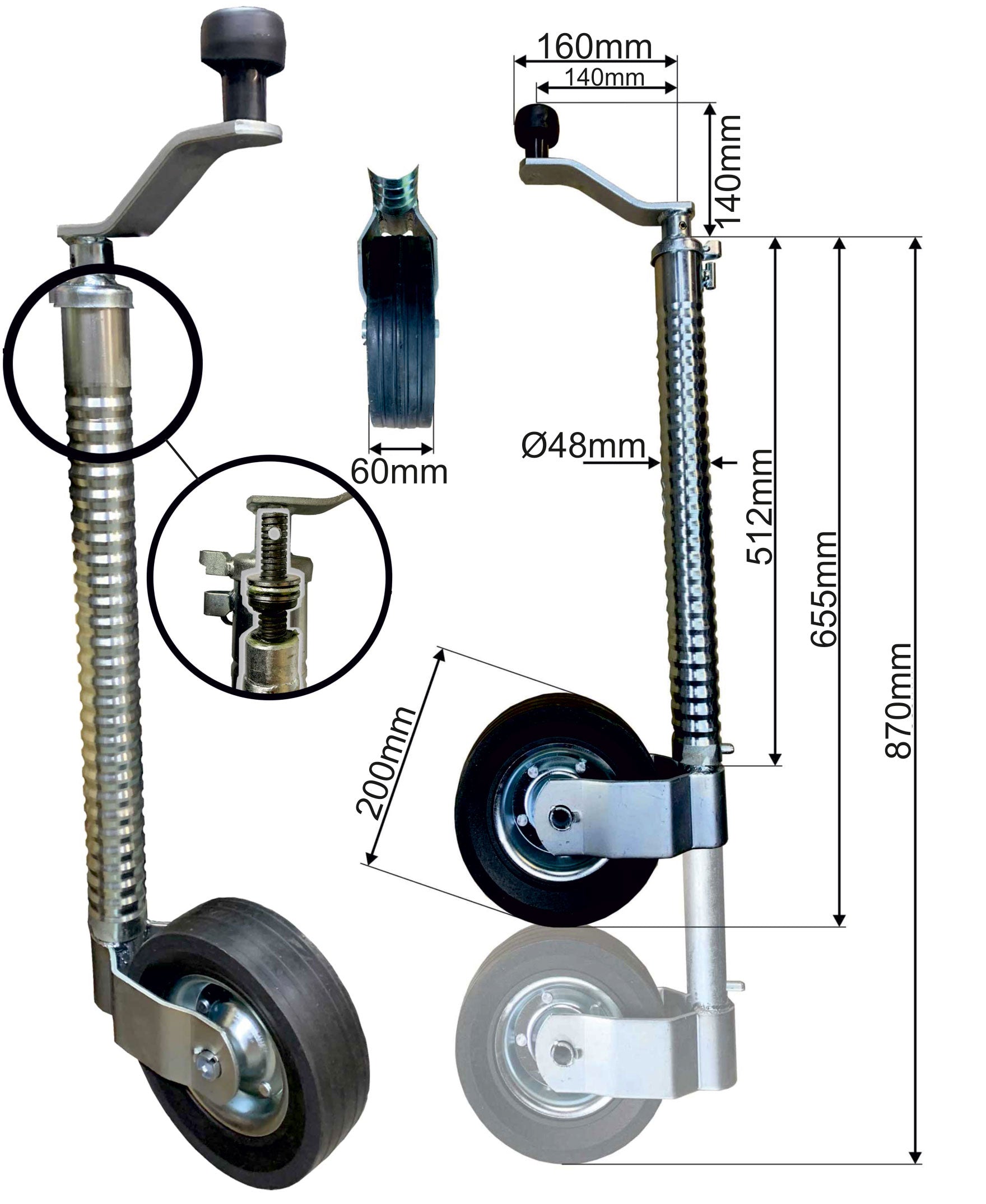Dirt Racing 48mm Ribbed Jockey Wheel Trailer 655mm to 870mm 500kg