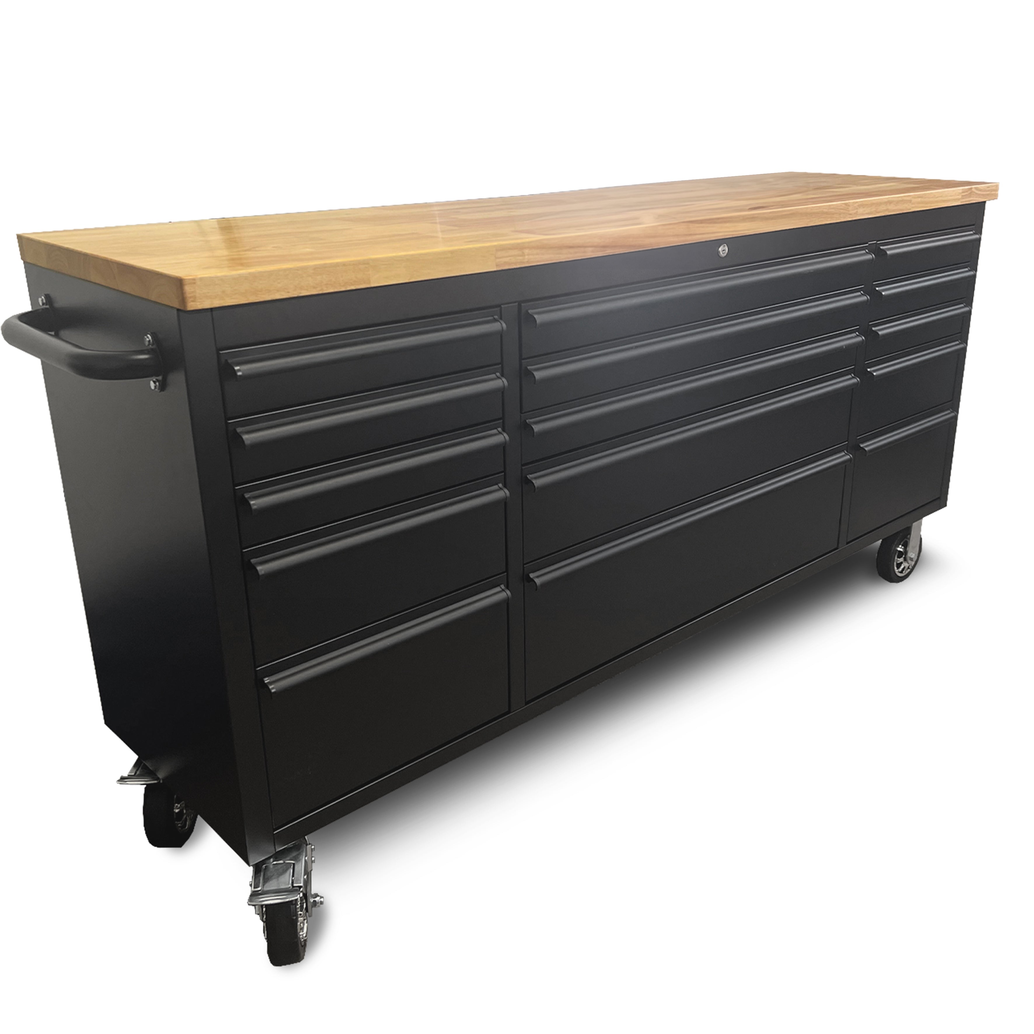 FIR 72 Powder Coated Matte Black Steel Tool Chest Box 15 Drawers Solid Wooden Top