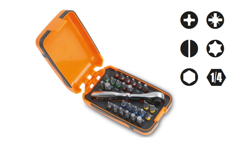 Beta Tools 25 Bits, 1 Connector, Reversible Ratchet in Plastic Case - Beta Tools 860/C27