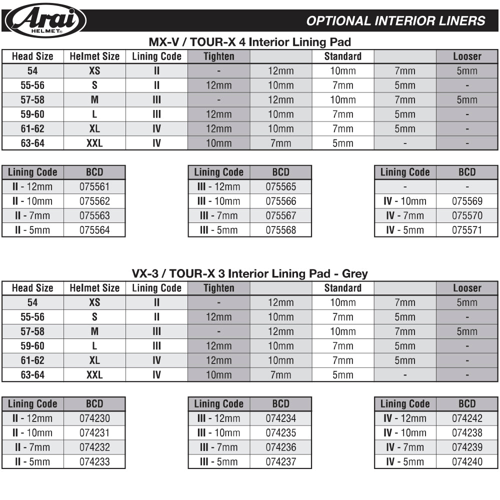 ARAI SPARE INTERIOR VX3 DRY COOL LARGE    L