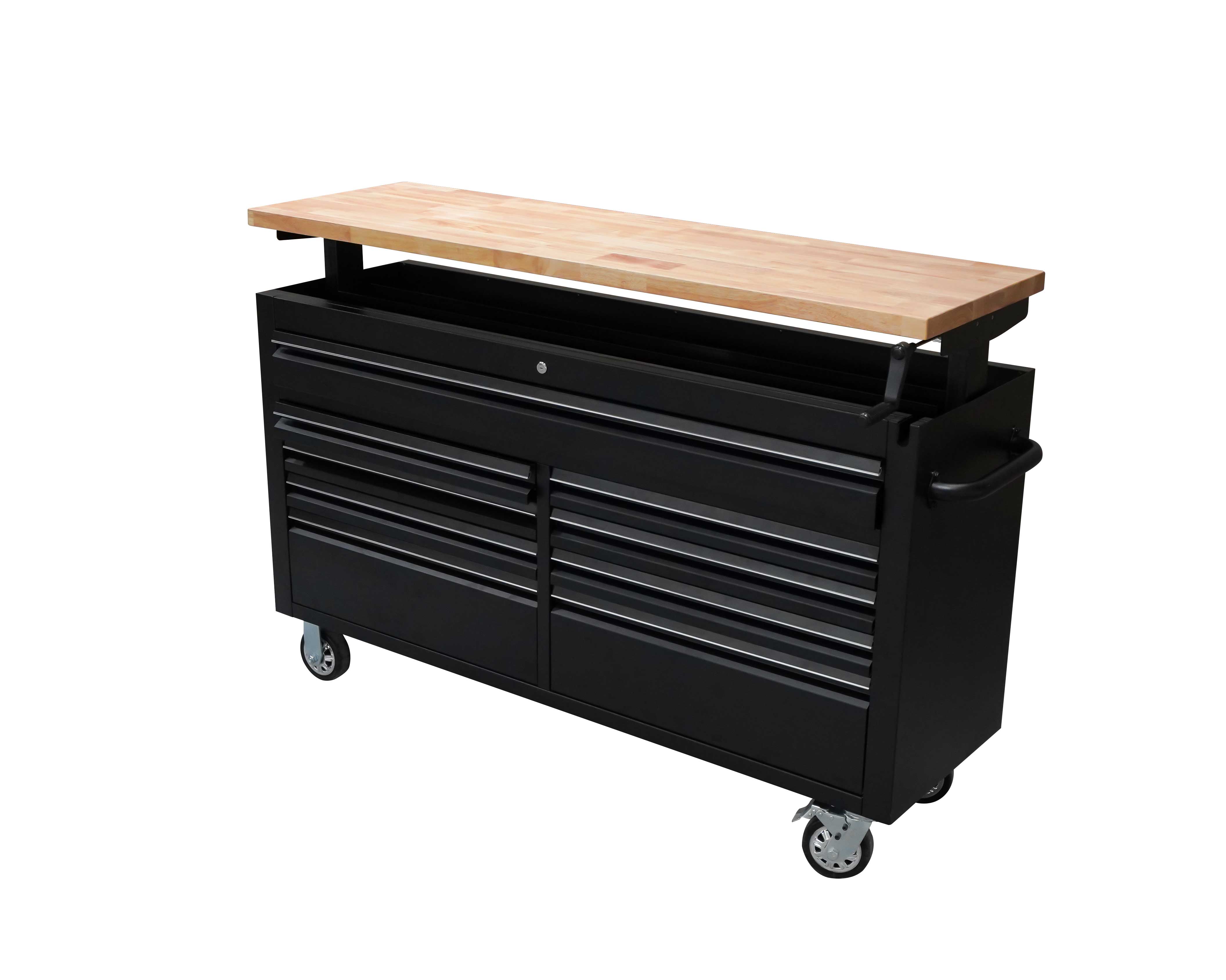 FIR 61 Black Powder Coated Steel 9 Drawer Tool Chest with Adjustable Height Solid Wooden Top