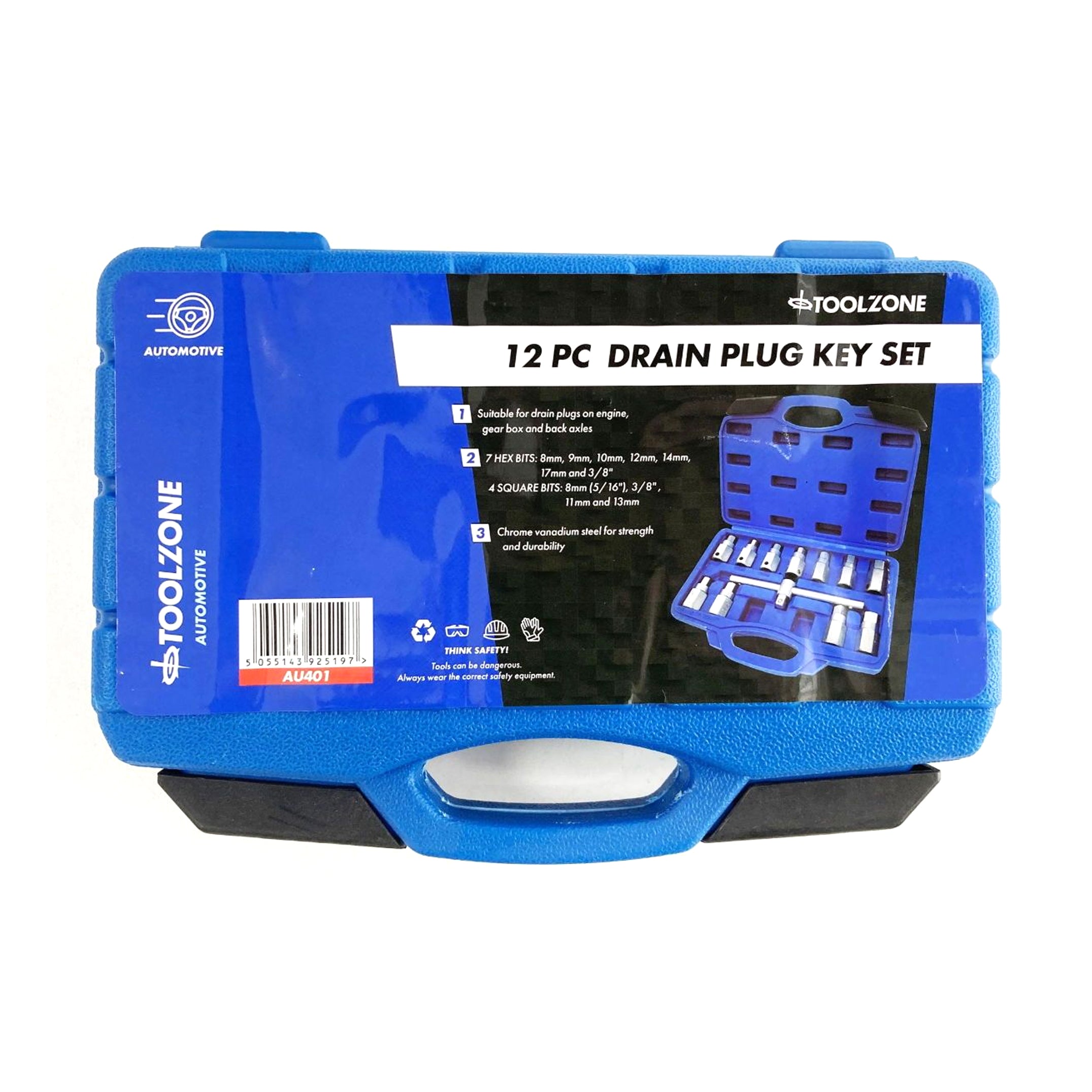 Toolzone Drain Plug Key Set 12pc Hex and Square Bits - Toolzone Kdpau401