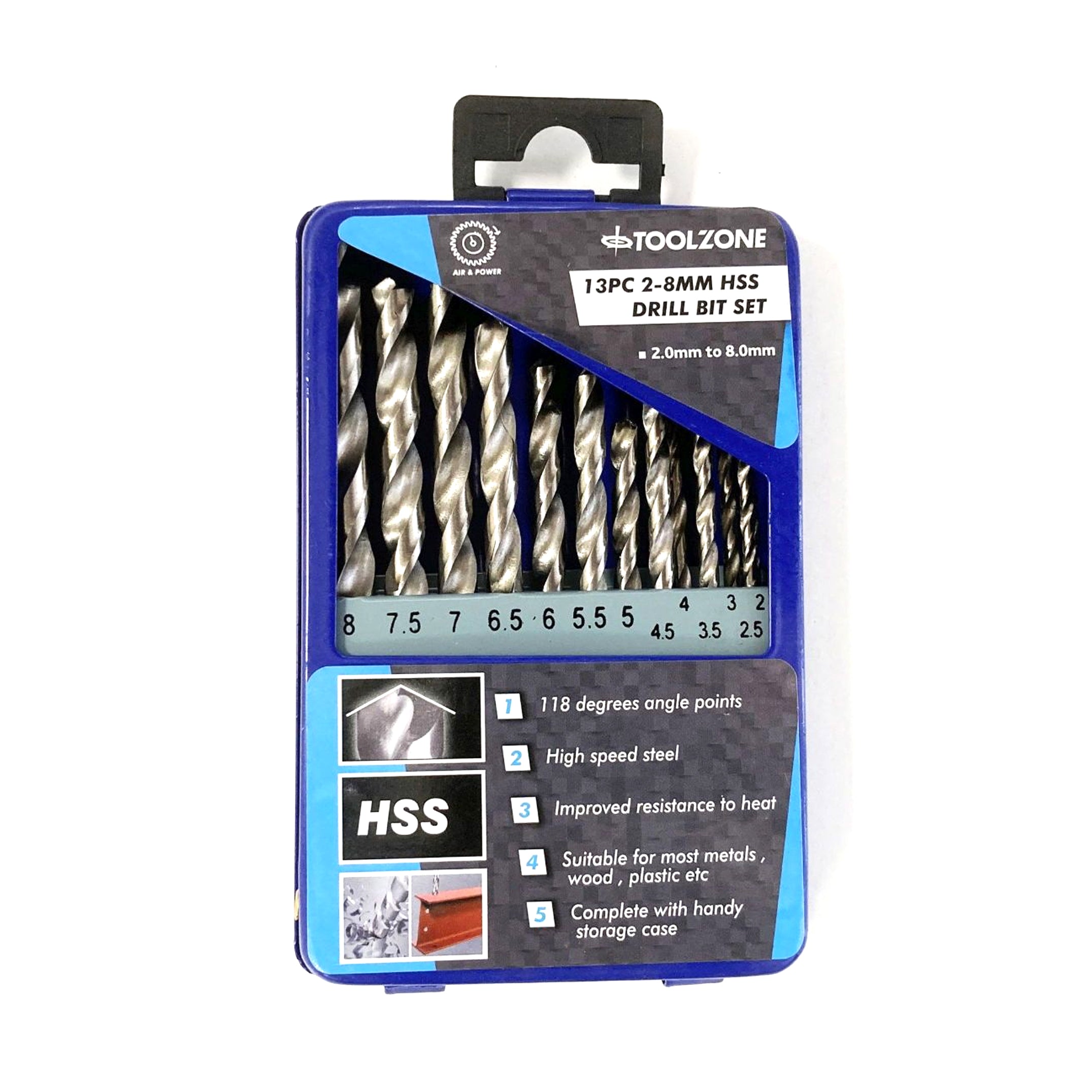 Toolzone Drill Bit Set 13pc Hss 2-8mm in Storage Tin - Toolzone Kdpdr027