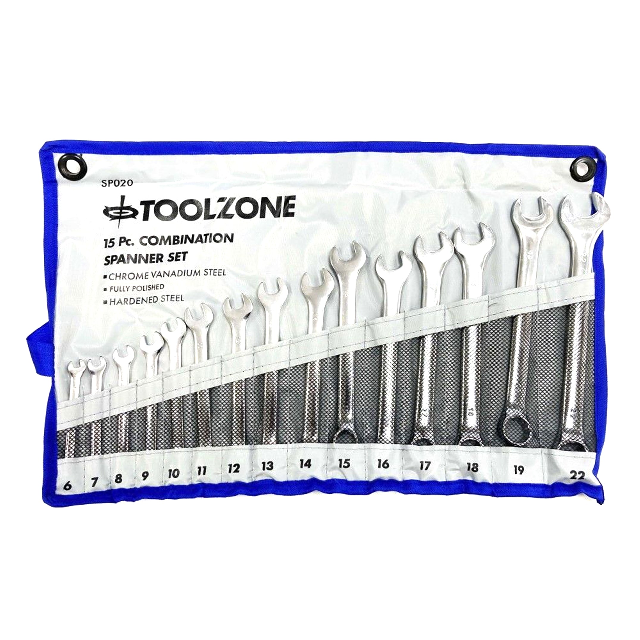 Toolzone Combination Spanner Set 15pc 6-19mm 22mm Chrome Vanadium Satin - Toolzone Kdpsp020