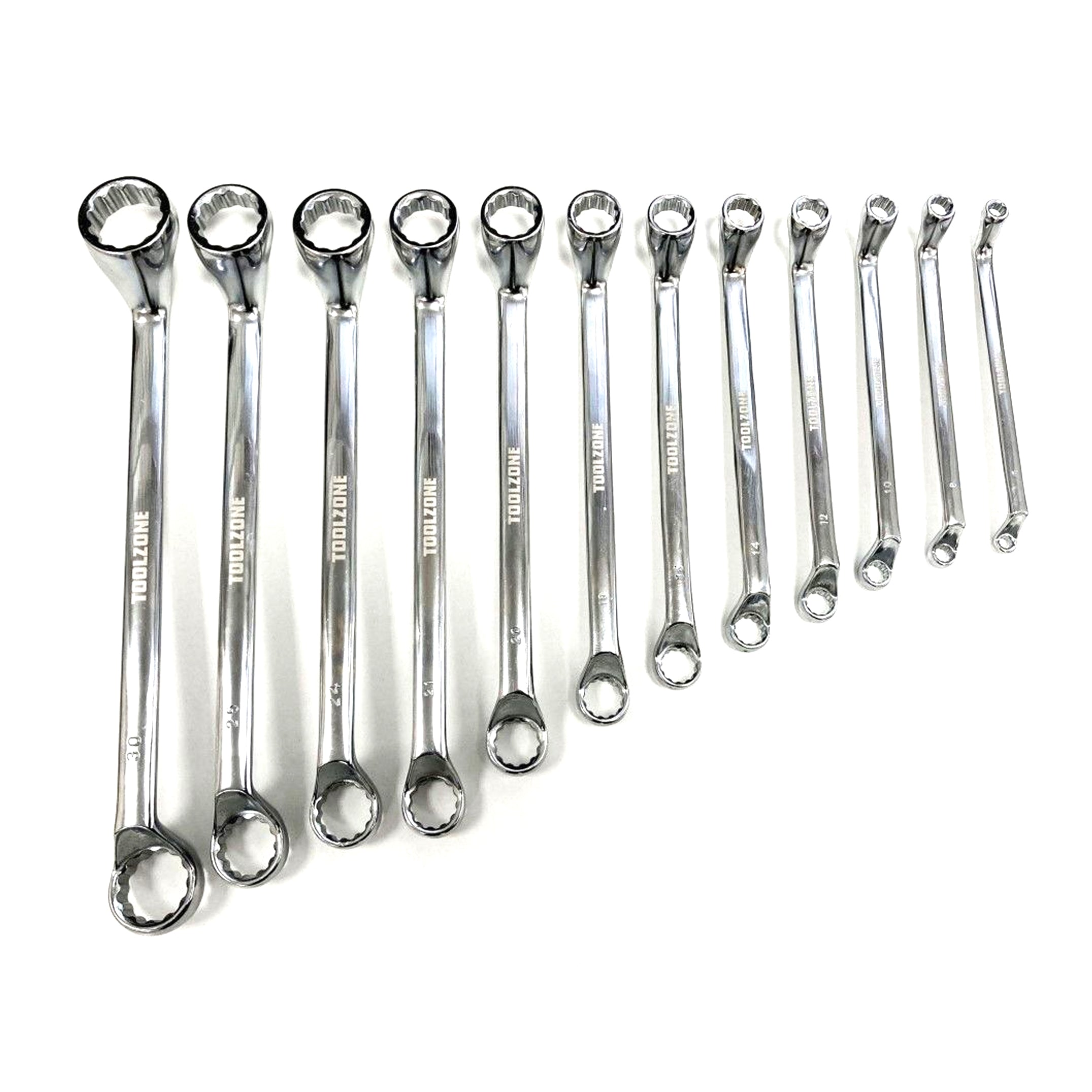 Toolzone Offset Ring Spanner Set 12pc 6x7mm to 30x32mm Chrome Vanadium Polished - Toolzone Kdpsp024