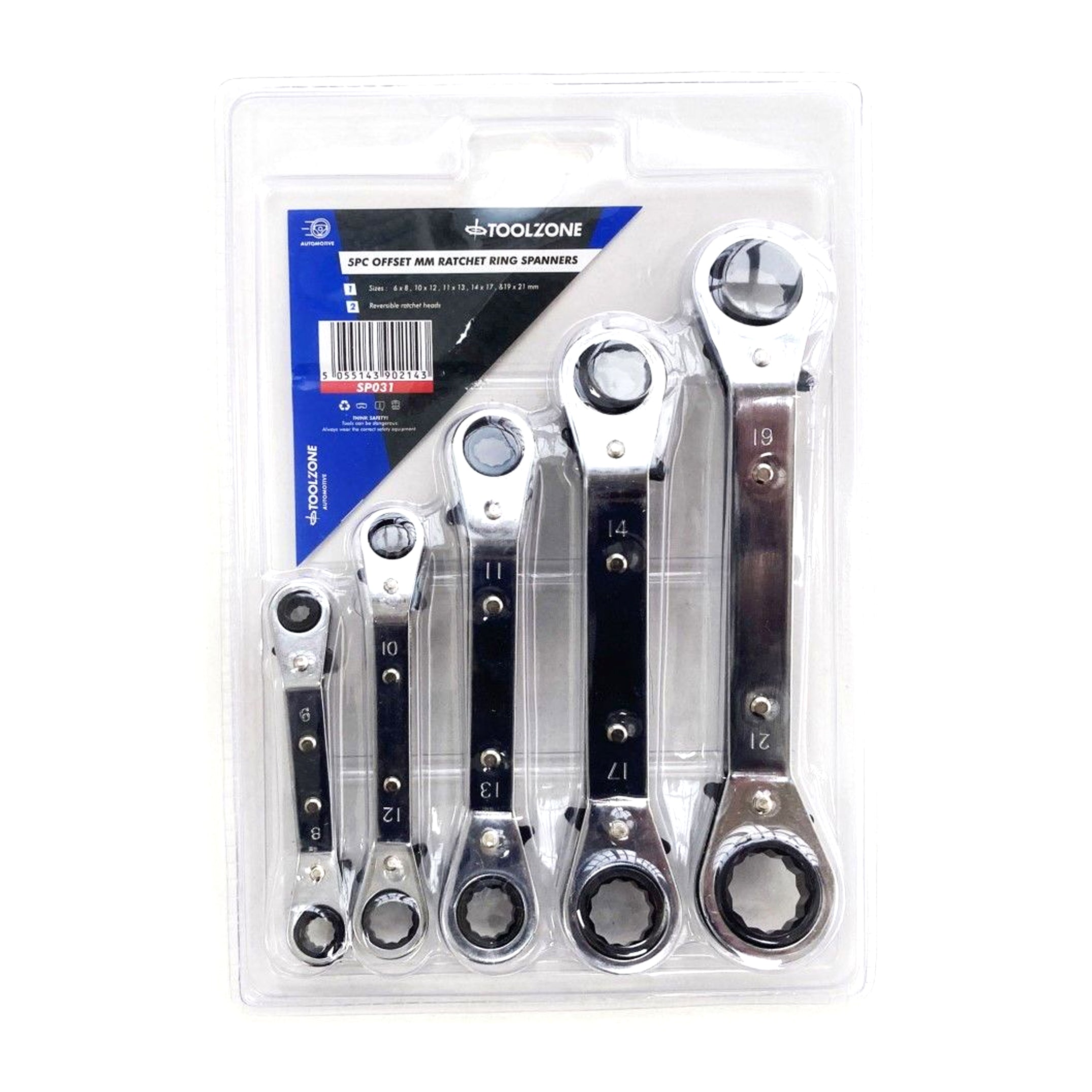 Toolzone Offset Ratchet Ring Spanner Set 5pc 6x8mm to 19x21mm - Toolzone Kdpsp031