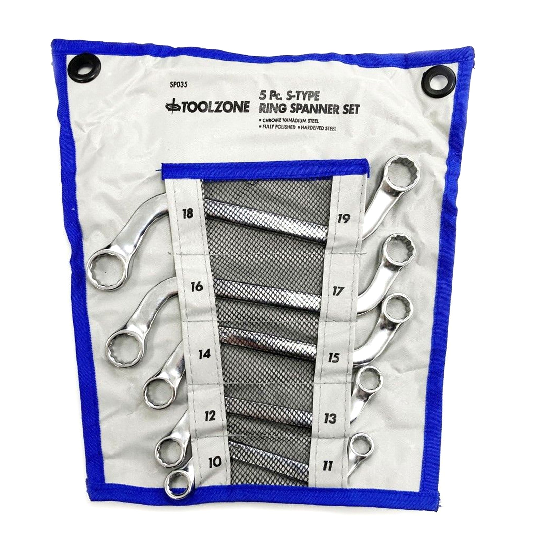 Toolzone S-shaped Ring Spanner Set 5pc 10x11mm to 18x19mm Chrome Vanadium Polished - Toolzone Kdpsp035