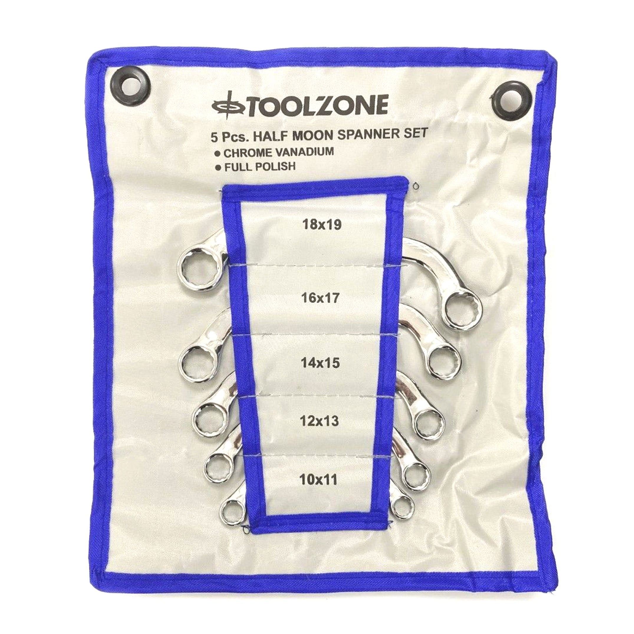 Toolzone Half Moon Spanner Set 5pc 10x11mm to 18x19mm Chrome Vanadium Satin - Toolzone Kdpsp036
