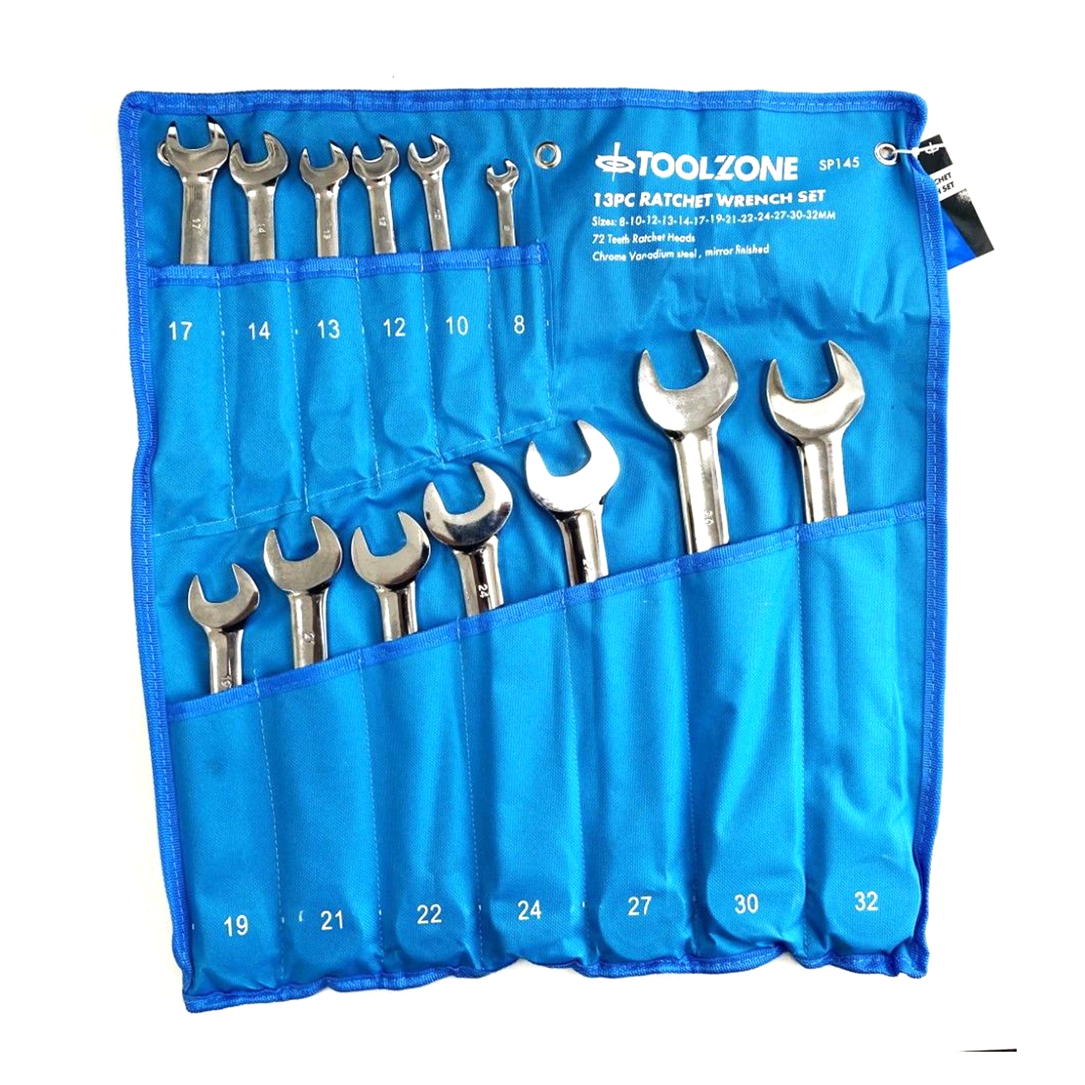 Toolzone Ratchet Wrench Set 13pc 8-32mm 72 Teeth Chrome Vanadium Polished Finish - Toolzone Kdpsp145