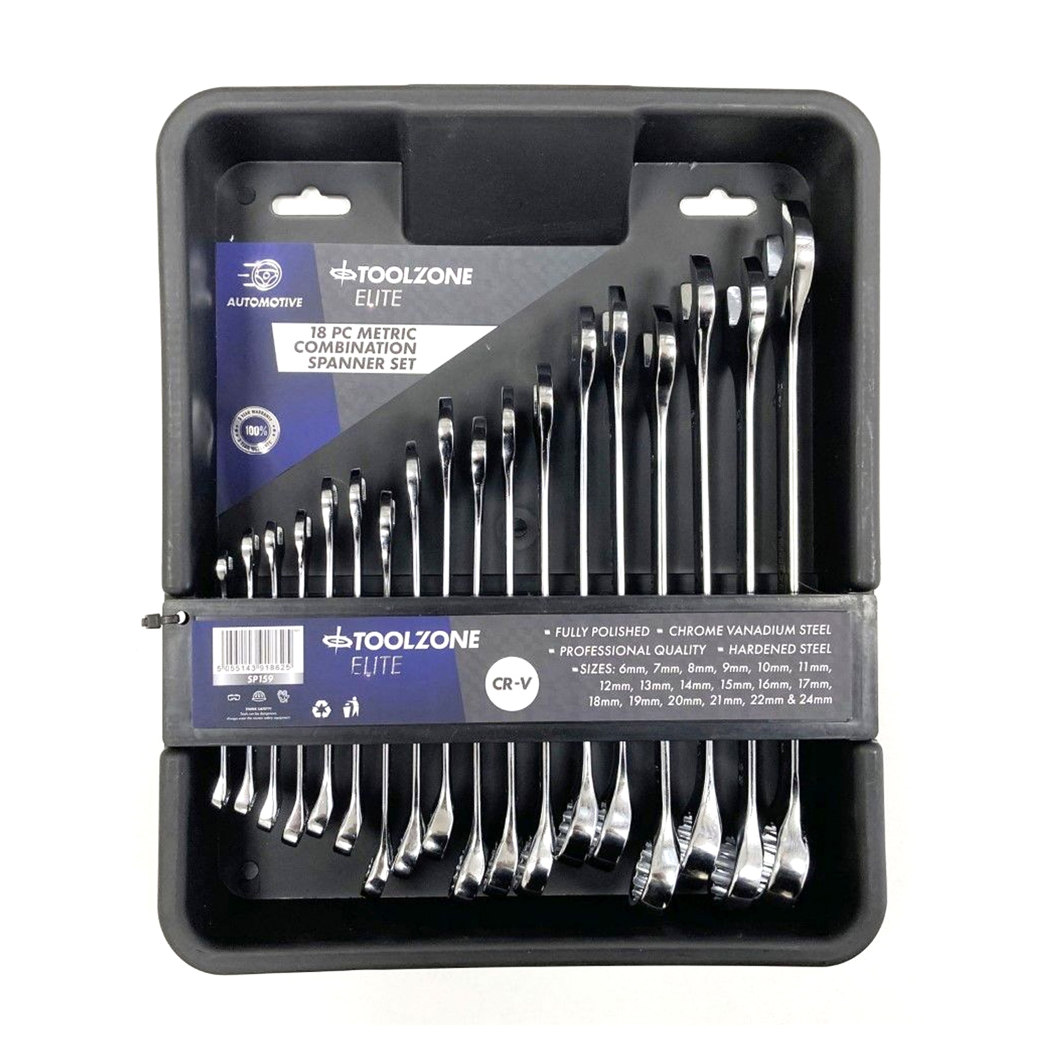 Toolzone Combination Spanner Set 18pc 6-32mm Chrome Vanadium in Tray - Toolzone Kdpsp159