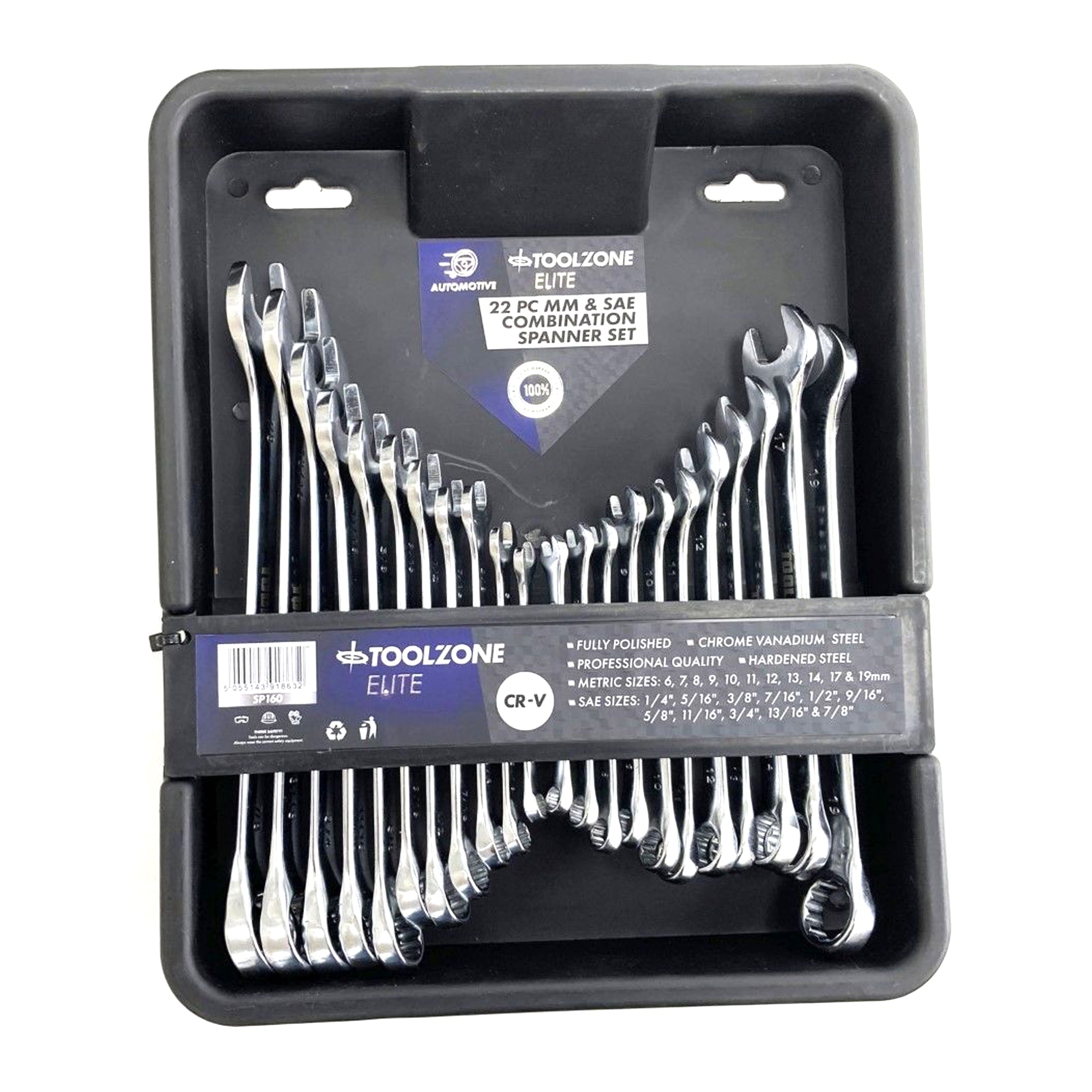 Toolzone Combination Spanner Set 22pc Metric/af Chrome Vanadium in Tray - Toolzone Kdpsp160