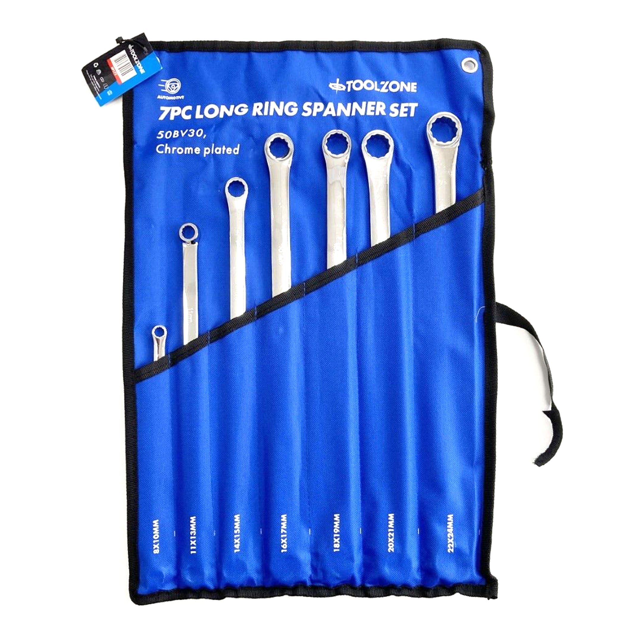 Toolzone Long Ring Spanner Set 7pc 8-24mm 50bv30 Steel in Pouch - Toolzone Kdpsp171