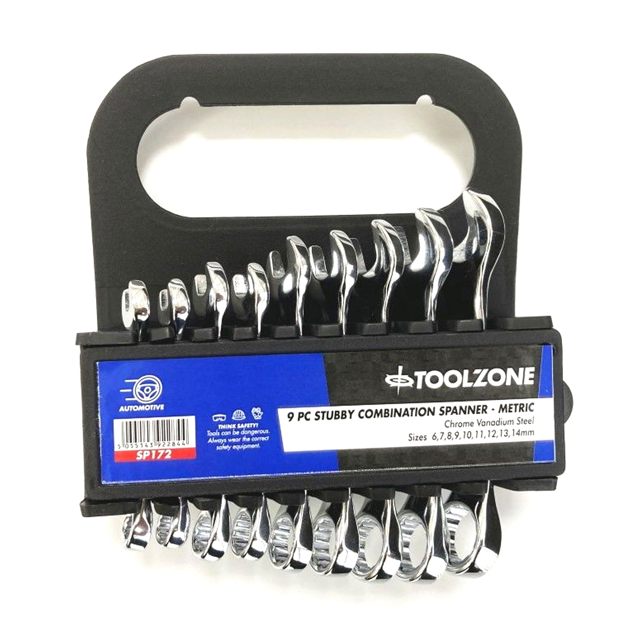 Toolzone Stubby Spanner Set 9pc 6-14mm Chrome Vanadium Fully Polished in Rack - Toolzone Kdpsp172
