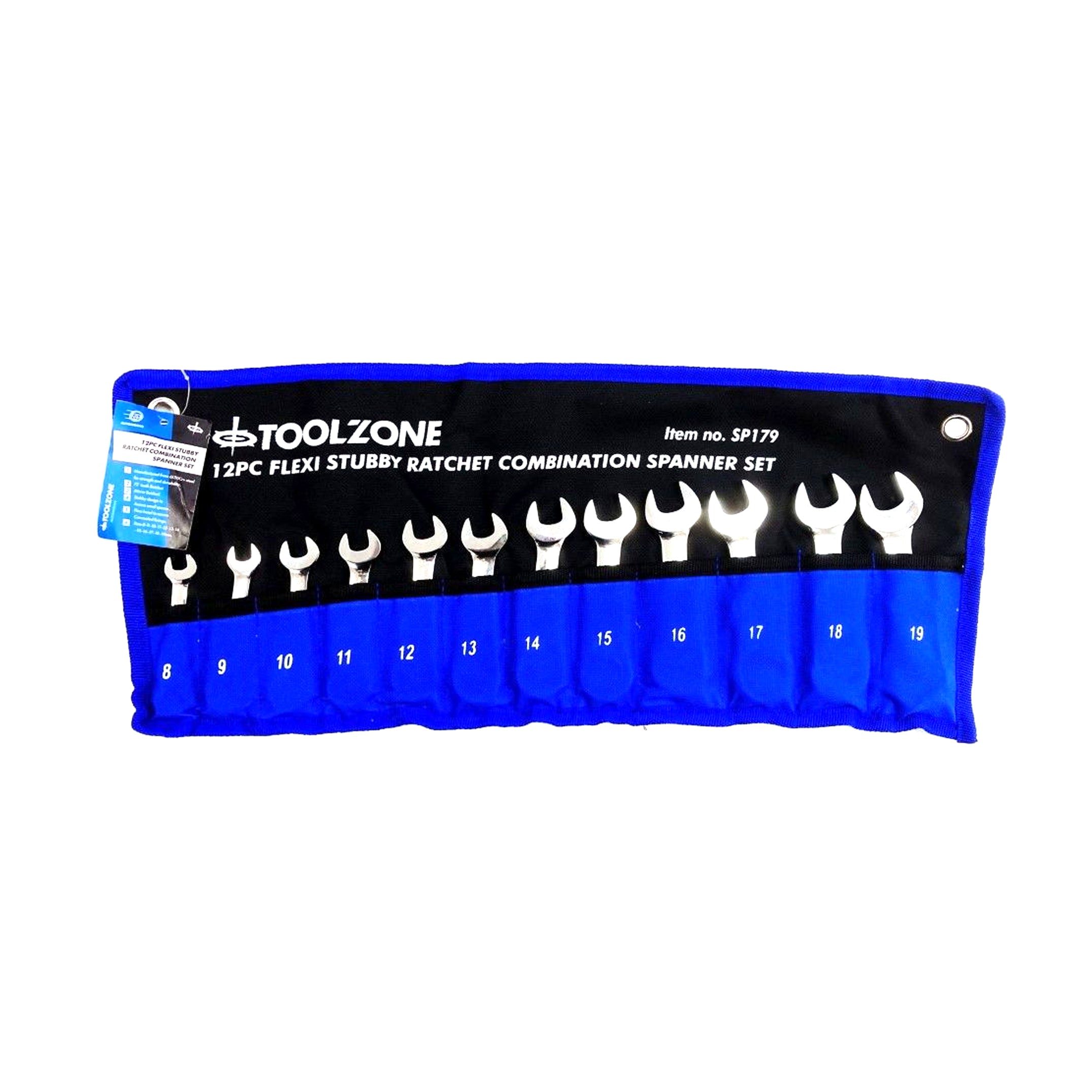 Toolzone Flexi Stubby Ratchet Combination Spanner Set 12pc 8-19mm 72 Teeth Crv - Toolzone Kdpsp179