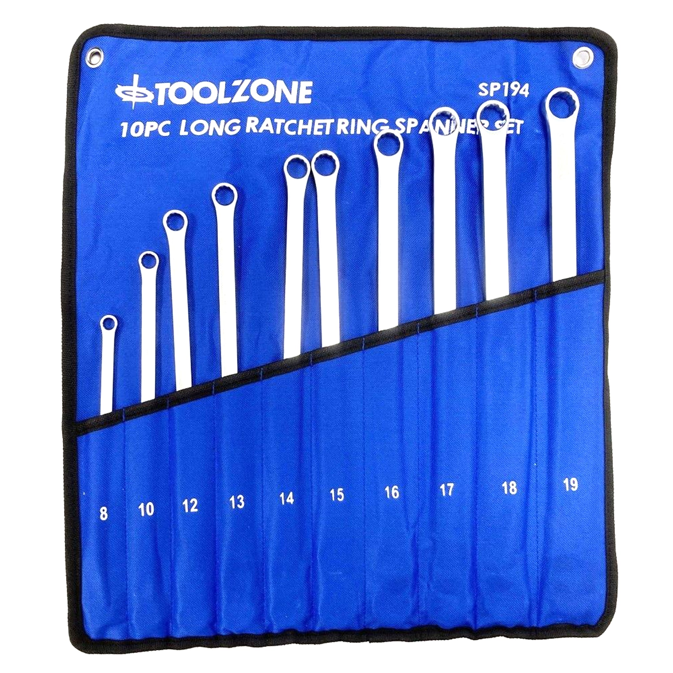 Toolzone Ratchet Spanner Set Long 10pc 8-19mm 72 Teeth 6150crv Mirror Polish - Toolzone Kdpsp194