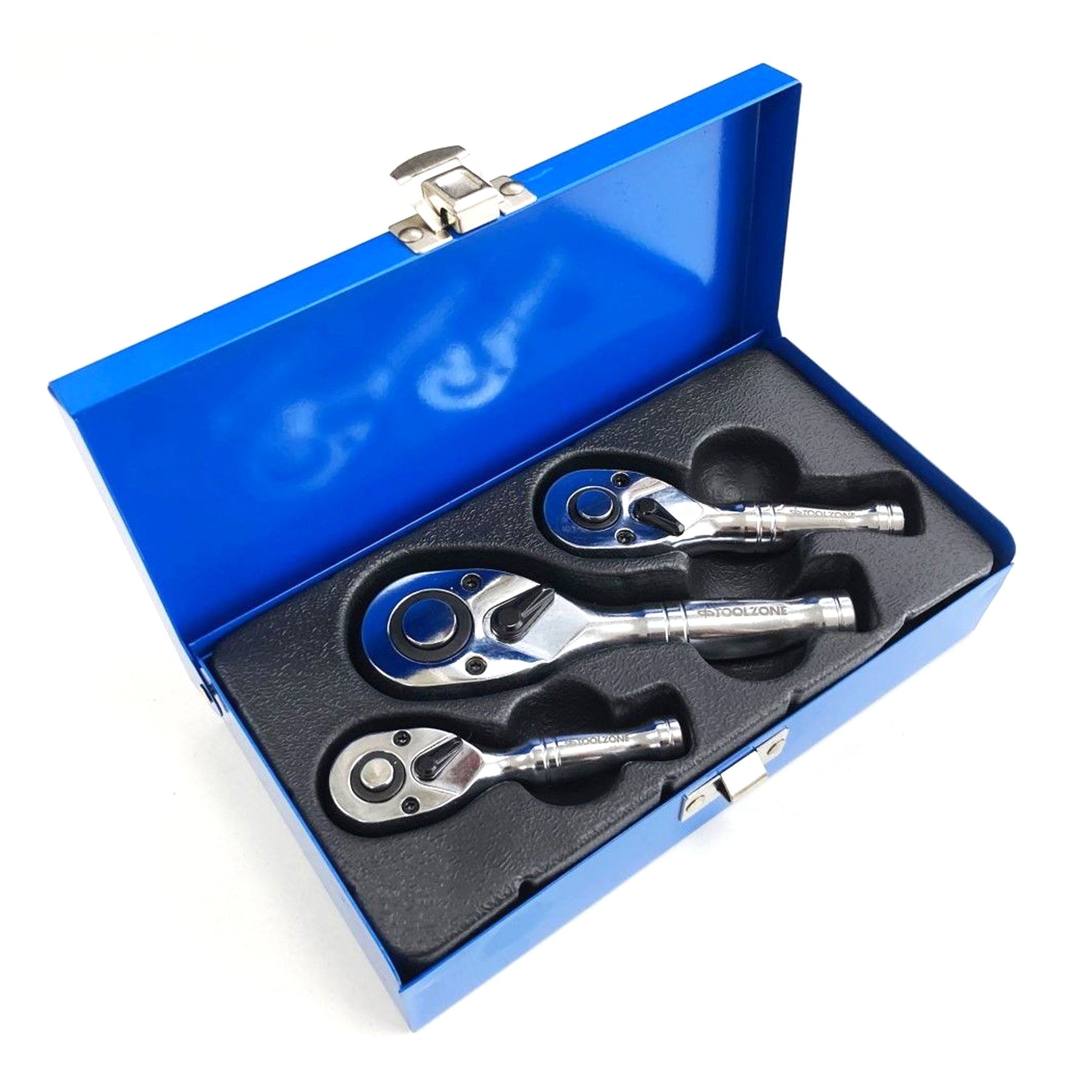 Toolzone Stubby Ratchet Handle Set 3pc 1/4 3/8 1/2 Drive 72 Teeth Crv - Toolzone Kdpss015
