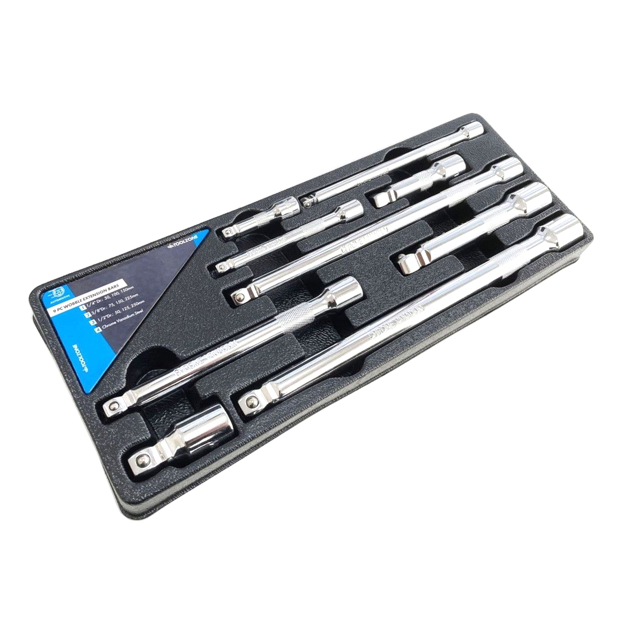 Toolzone Extension Bar Set Wobble Crv 9 Pieces 1/4 3/8 1/2 Drive - Toolzone Kdpss146