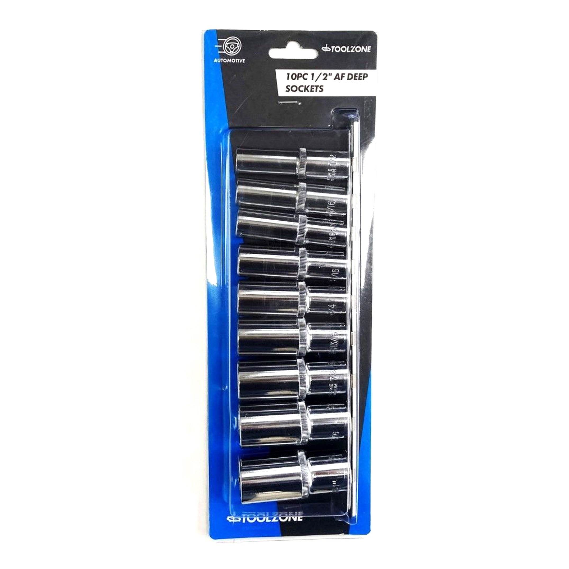 Toolzone Socket Set Deep 1/2 Drive Af 10 Pieces Crv Polished - Toolzone Kdpss219