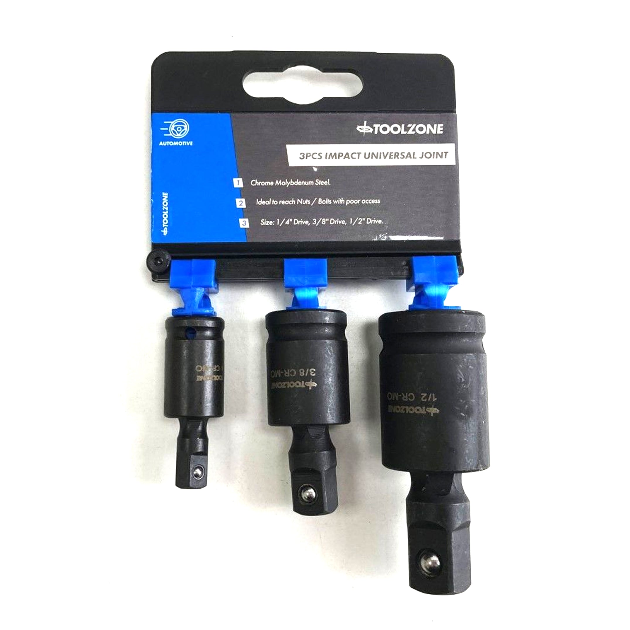 Toolzone Universal Joint Set Impact 3 Pieces 1/4, 3/8, 1/2 CR-mo Black Finish - Toolzone Kdpss227