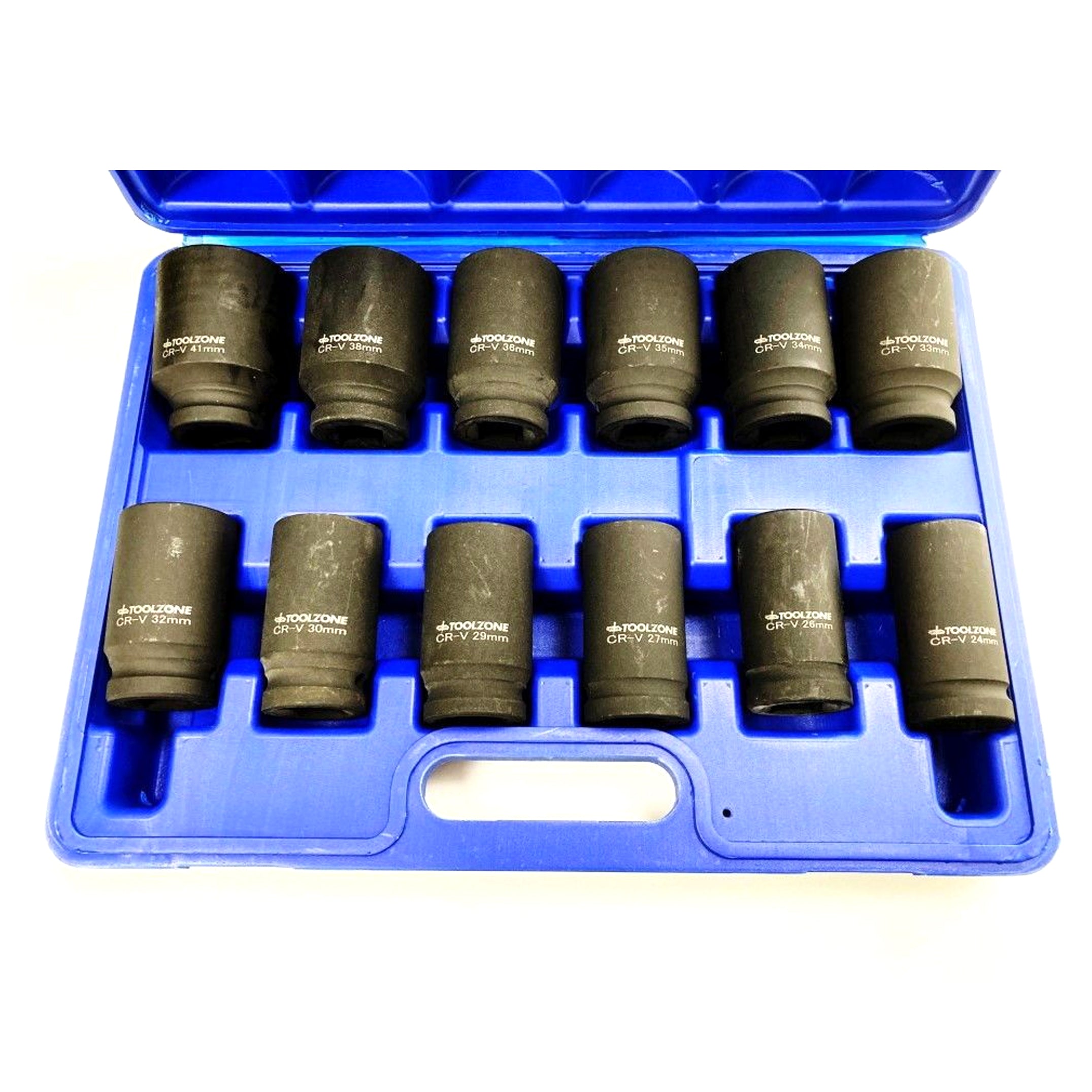 Toolzone Impact Socket Set Deep 3/4 Drive 12 Pieces 24mm-41mm Crv 80mm Black Finish - Toolzone Kdpss235