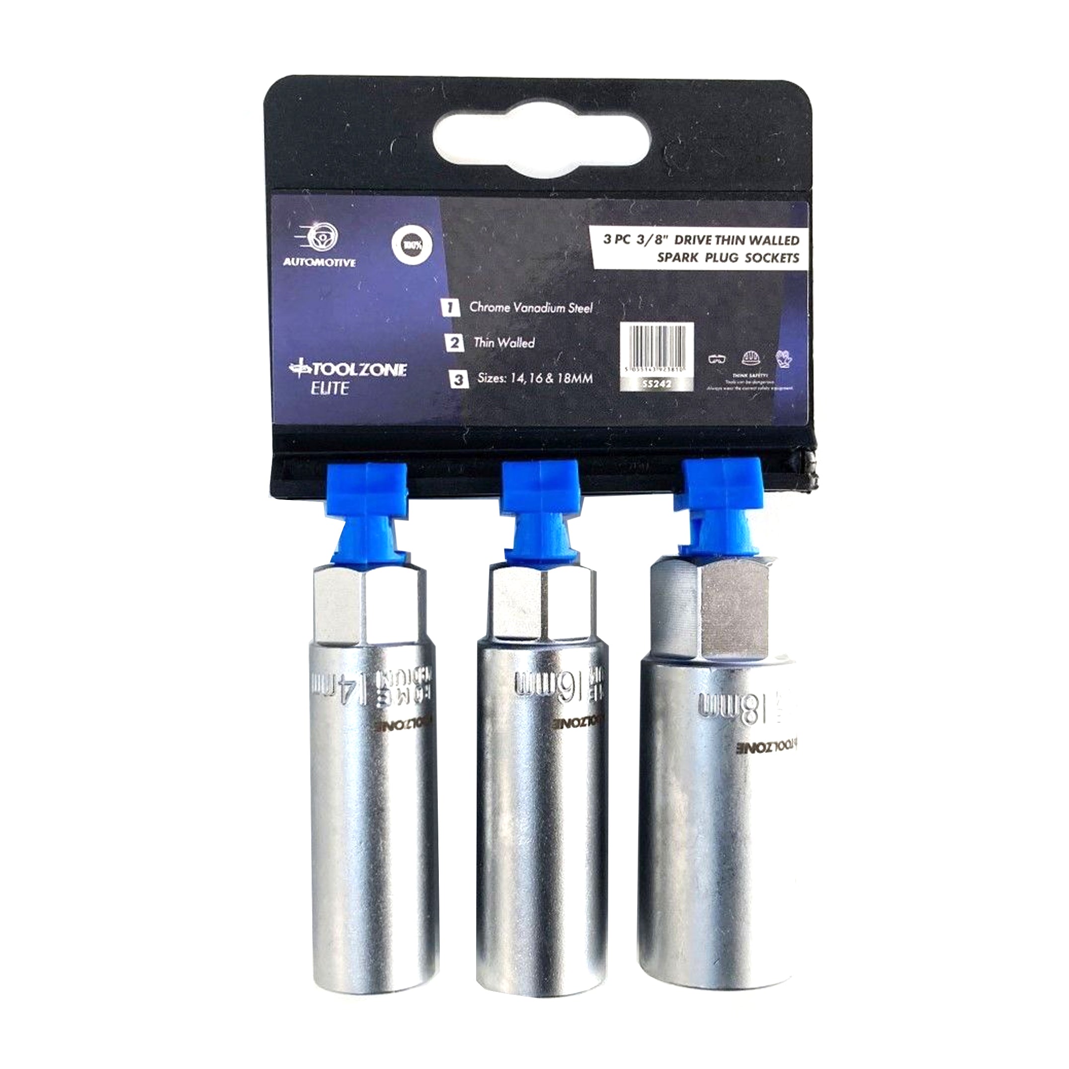 Toolzone Spark Plug Socket Set 3/8 Drive 3 Pieces 14mm 16mm 18mm Thin Wall Satin Finish - Toolzone Kdpss242