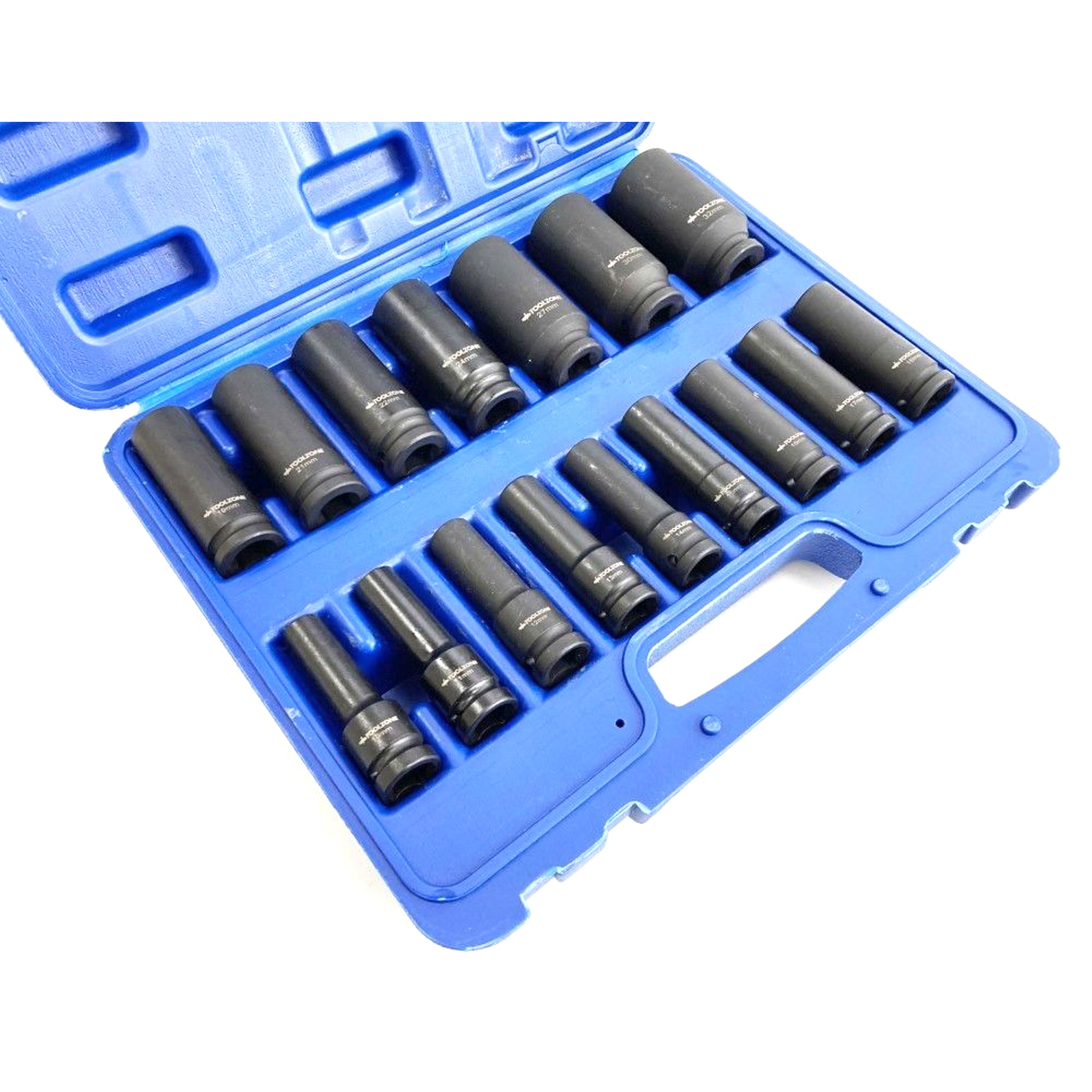 Toolzone Impact Socket Set Deep 1/2 Drive 16 Pieces 10mm-32mm Crv Black Phosphate - Toolzone Kdpss244
