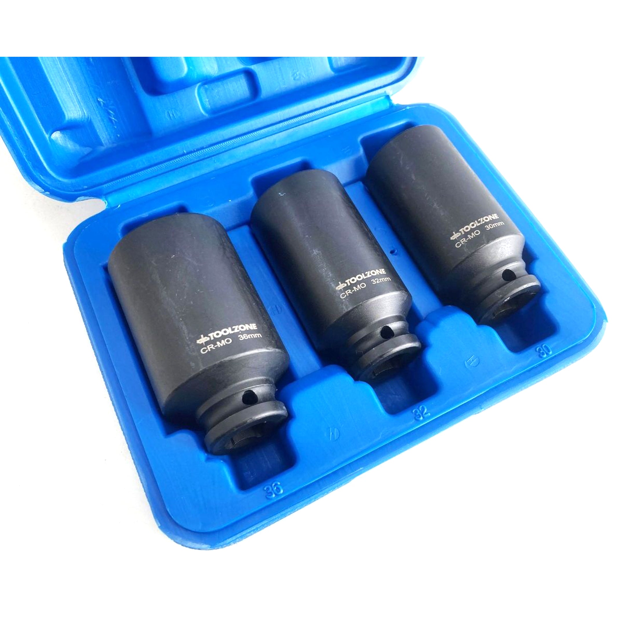 Toolzone Impact Socket Set 3 Pieces 1/2 Drive 30mm 32mm 36mm Thin Wall Black Finish - Toolzone Kdpss248
