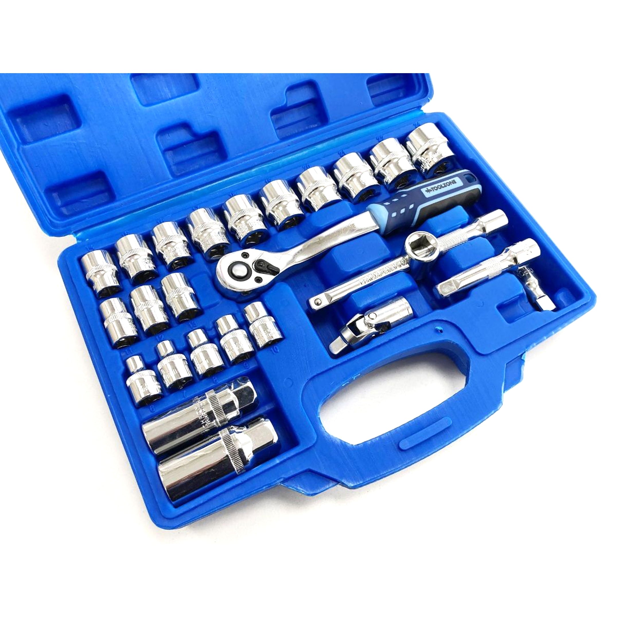 Toolzone Socket Set 26 Pieces 3/8 Drive 6mm-24mm Mirror Polish Crv in Case - Toolzone Kdpss260