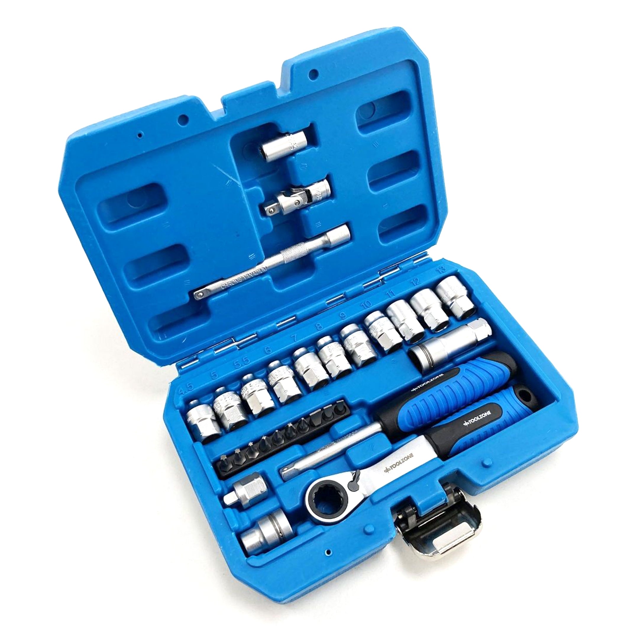 Toolzone Go Through Socket Set 29 Pieces 1/4 Drive with Bits in Storage Case - Toolzone Kdpss261