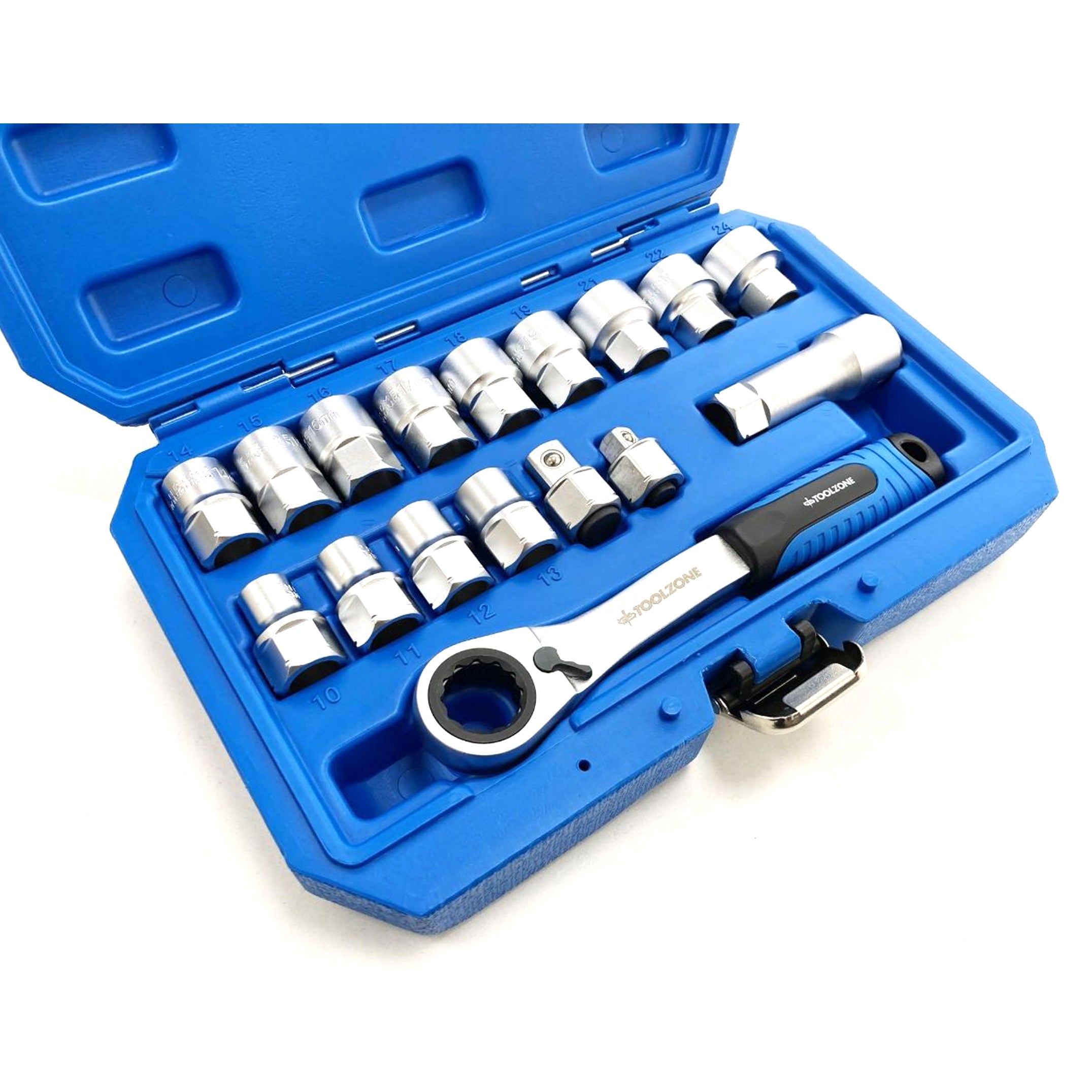 Toolzone Go Through Socket Set 17 Pieces 3/8 and 1/2 Drive 10mm-24mm in Case - Toolzone Kdpss262