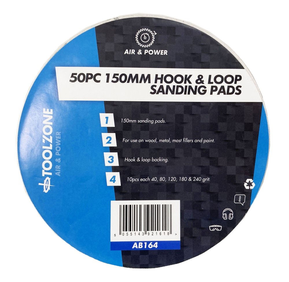 Toolzone Sanding Pads Hook and Loop 50 Pieces 150mm 40 80 120 180 240 Grit - Toolzone Kdpab164