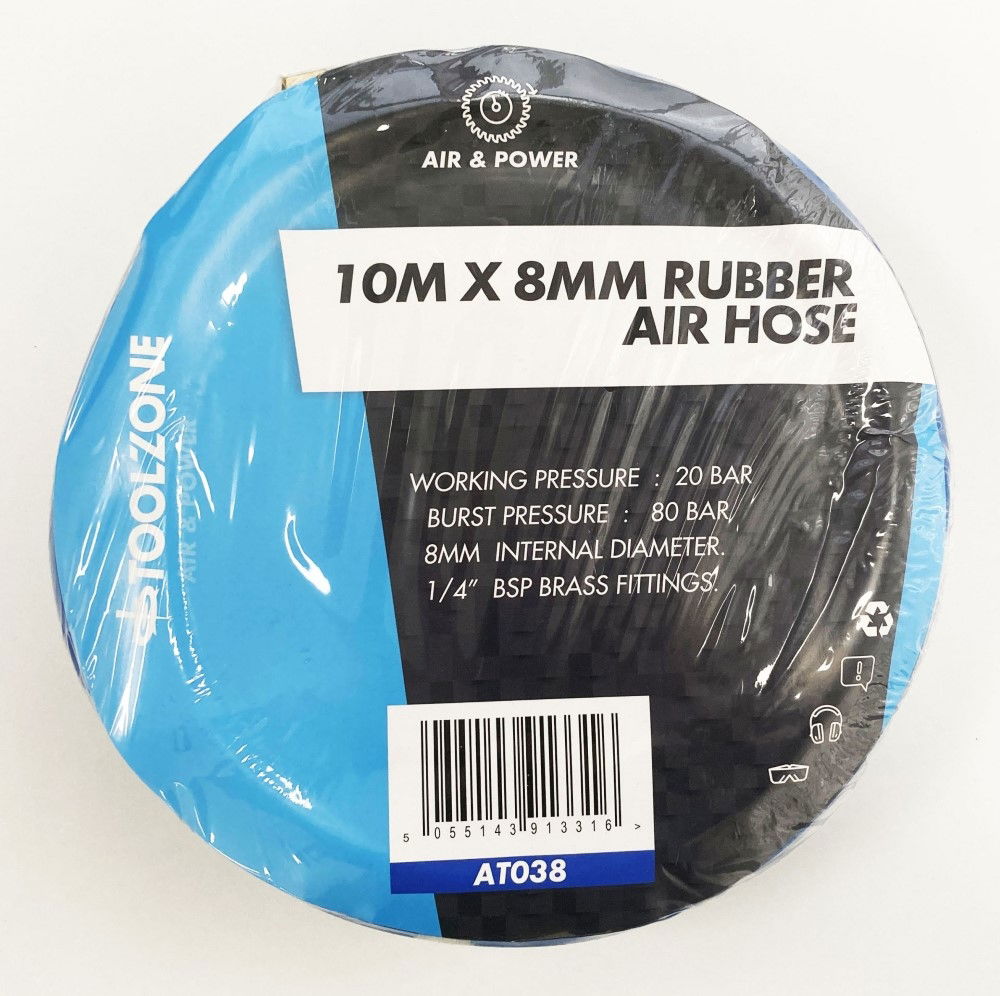 Toolzone Air Hose 10m X 8mm Hi Vis 1/4 Bsp Fittings Working Pressure 20 Bar - Toolzone Kdpat038