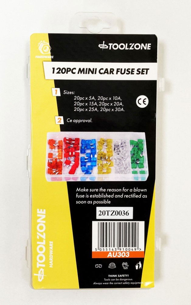 Toolzone Car Fuses Mini Blade 120pc Assorted 5a-30a - Toolzone Kdpau303