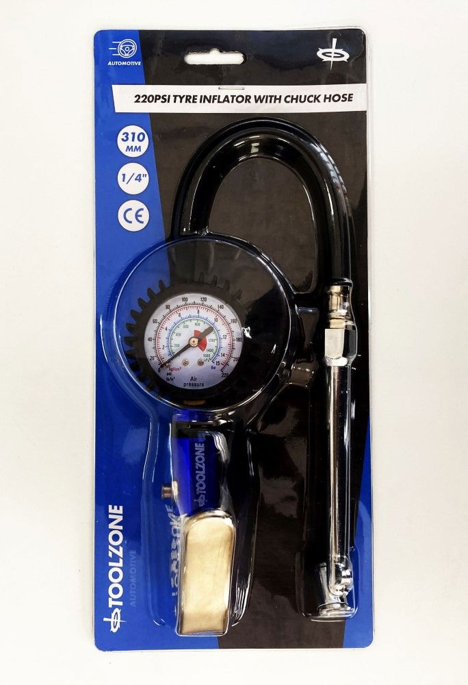 Toolzone Tyre Inflator with Chuck Hose 220psi 1/4 Air Inlet 310mm Hose - Toolzone Kdpau361