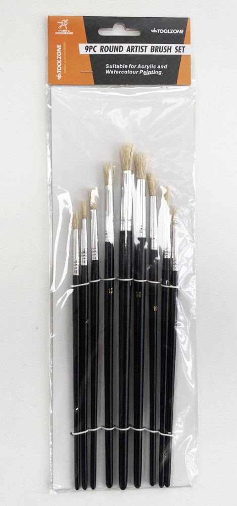 Toolzone Artist Brushes 9pc Round Sizes 0-16 Wood Handle - Toolzone Kdpbr014