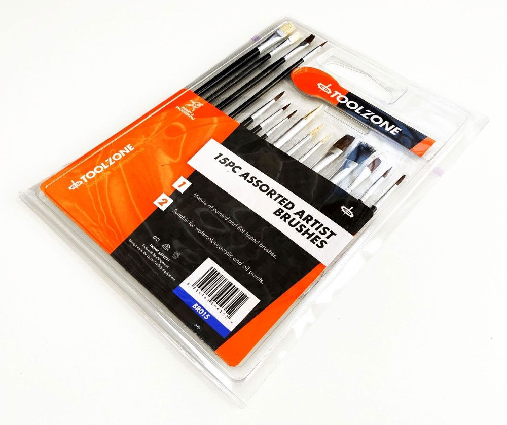 Toolzone Artist Brushes 15pc Assorted Flat Pointed Round - Toolzone Kdpbr015