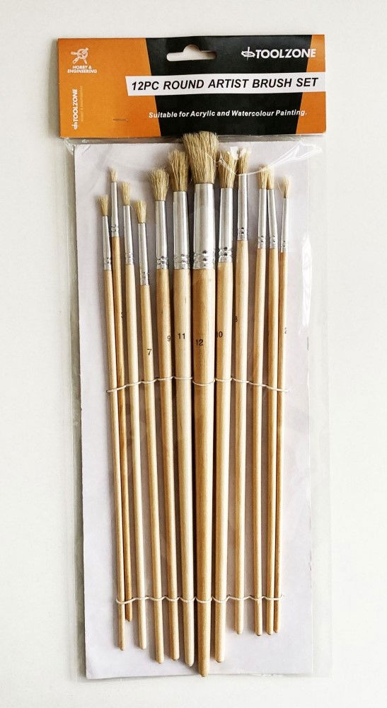 Toolzone Artist Brushes 12pc Jumbo Round Sizes 1-12 Wood Handle - Toolzone Kdpbr016