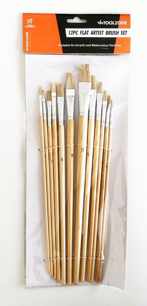 Toolzone Artist Brushes 12pc Jumbo Flat Sizes 1-12 Wood Handle - Toolzone Kdpbr017