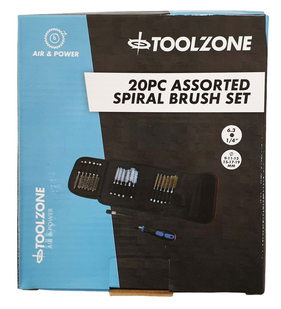 Toolzone Spiral Brush Set 20pc Detail Brass Stainless Steel Nylon 150mm Extension - Toolzone Kdpbr053
