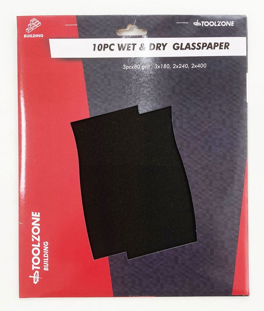 Toolzone Glasspaper Wet and Dry 10pc Assorted Grits - Toolzone Kdpdc072