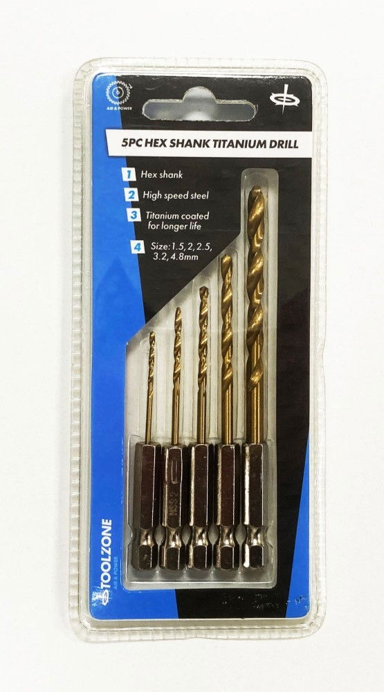 Toolzone Drill Bit Set Titanium Coated Hex Shank 5pc 1.5-4.8mm - Toolzone Kdpdr098
