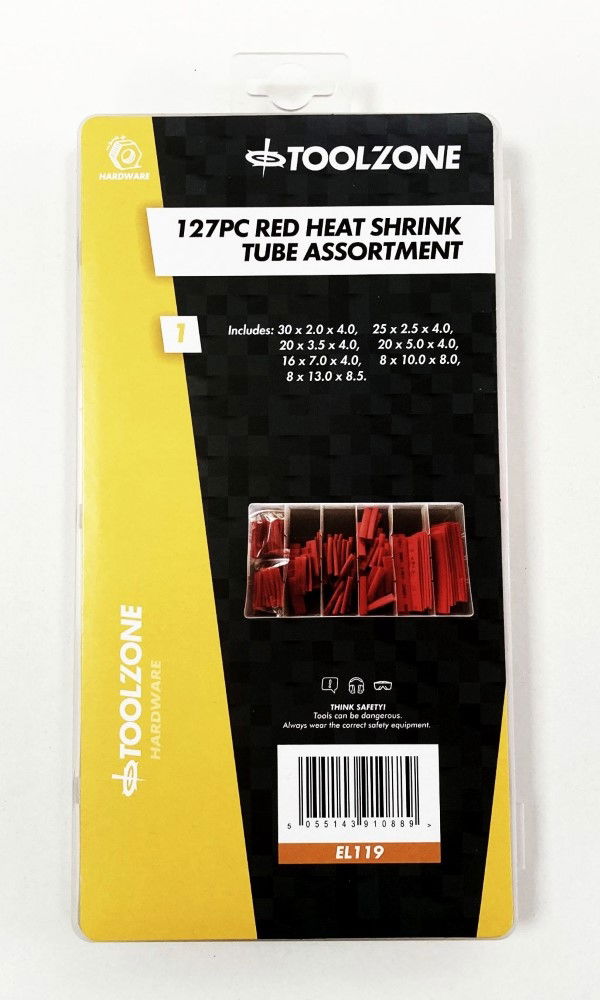Toolzone Heat Shrink Tube Assortment 127pc Red with Plastic Box - Toolzone Kdpel119
