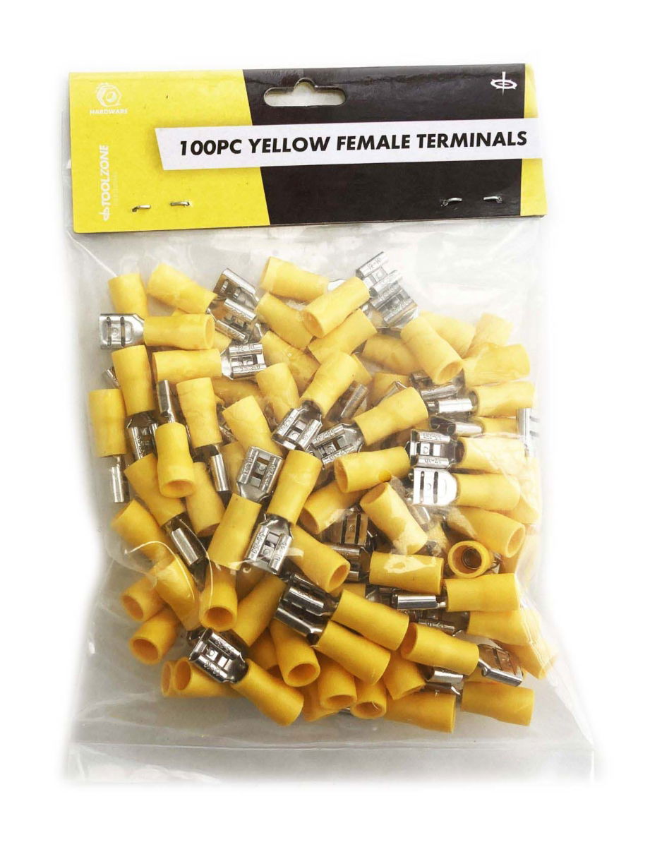 Toolzone Female Terminals 100pc Yellow Semi Insulated 12-10 Awg 6.3mm X 0.4mm - Toolzone Kdpel141