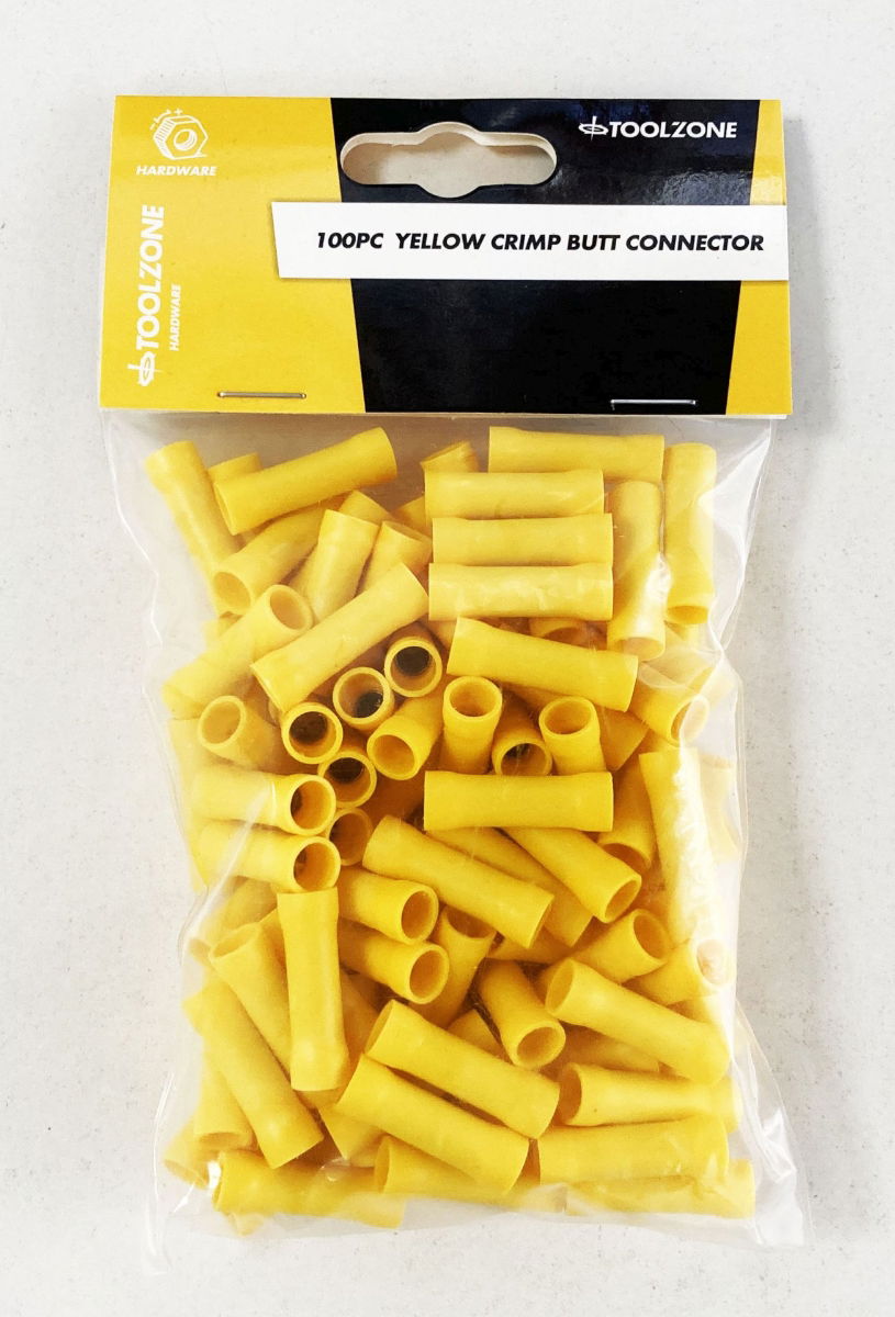 Toolzone Crimp Butt Connectors 100pc Yellow Insulated - Toolzone Kdpel145